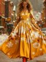 Women Christmas Long Sleeve Spring/Fall Dress V Neck Holiday Vintage Maxi A-Line Dress