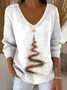Women Christmas Long Sleeve Tee T-shirt V Neck Printing Casual Spring/Fall Top