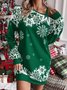 Women Christmas Long Sleeve Spring/Fall Printing Dress Cold Shoulder Daily Vintage Mini Hip Skirt A-Line Dress