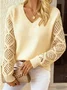 Women Plain Jacquard Winter Casual Long Sleeve V Neck Wool Sweater