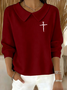 Women Cross Printing Spring/Fall Casual Long Sleeve Shawl Collar Sweater