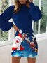 Women Christmas Snowman Long Sleeve Spring/Fall Printing Dress Crew Neck Balloon Sleeve Daily Casual Midi Hip Skirt A-Line Dress