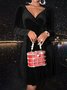 Women Plain Long Sleeve Spring/Fall Split Joint Dress V Neck Daily Casual Midi Party Dress A-Line Dress