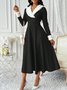 Women Plain Long Sleeve Spring/Fall Split Joint Dress V Neck Holiday Casual Maxi Tank A-Line Dress