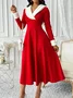 Women Plain Long Sleeve Spring/Fall Split Joint Dress V Neck Holiday Casual Maxi Tank A-Line Dress