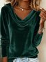 Women Plain Long Sleeve Tee T-shirt Cowl Neck Gathered Vintage Spring/Fall Top