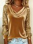 Women Plain Long Sleeve Tee T-shirt Cowl Neck Split Joint Vintage Spring/Fall Top