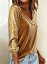 Women Plain Long Sleeve Tee T-shirt Cowl Neck Split Joint Vintage Spring/Fall Top