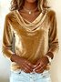 Women Plain Long Sleeve Tee T-shirt Cowl Neck Gathered Vintage Spring/Fall Top
