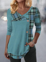 Women Plaid Long Sleeve Tee T-shirt V Neck Printing Casual Spring/Fall Top