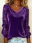Women Plain Long Sleeve Tee T-shirt Cowl Neck Split Joint Vintage Spring/Fall Top