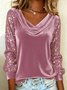 Women Plain Long Sleeve Tee T-shirt Cowl Neck Split Joint Vintage Spring/Fall Top