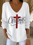 Women Christmas Long Sleeve Tee T-shirt V Neck Printing Casual Spring/Fall Top