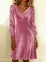 Women Plain Long Sleeve Spring/Fall Split Joint Dress Cowl Neck Daily Sexy Midi Sequin A-Line Dress