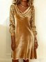 Women Plain Long Sleeve Spring/Fall Split Joint Dress Cowl Neck Daily Sexy Midi Sequin A-Line Dress