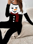 Women Christmas Snowman Printing Two-Piece Set Daily Long Sleeve Casual Spring/Fall Top With Pants Matching Set
