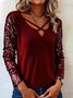 Women Plain Long Sleeve Tee T-shirt V Neck Split Joint Vintage Spring/Fall Top