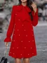 Women Plain Long Sleeve Spring/Fall Beaded Dress Lotus Leaf Collar Daily Casual Mini Fit & Flare Dress A-Line Dress