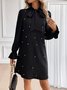 Women Plain Long Sleeve Spring/Fall Beaded Dress Lotus Leaf Collar Daily Casual Mini Fit & Flare Dress A-Line Dress
