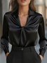 Women Plain Long Sleeve Shirt Spring/Fall Split Joint Shawl Collar Daily Casual Top