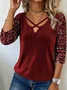Women Plain Long Sleeve Tee T-shirt V Neck Split Joint Vintage Spring/Fall Top