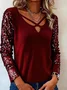 Women Plain Long Sleeve Tee T-shirt V Neck Split Joint Vintage Spring/Fall Top