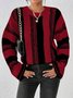 Women Striped Split Joint Winter Casual Long Sleeve Crew Neck Sweater
