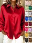 Women Plain Long Sleeve Shirt Spring/Fall Split Joint Shawl Collar Daily Casual Top