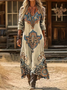 Women Abstract Long Sleeve Spring/Fall Printing Dress V Neck Daily Vintage Maxi H-Line Dress