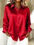 Women Plain Long Sleeve Shirt Spring/Fall Split Joint Shawl Collar Daily Casual Top