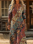 Women Abstract Long Sleeve Spring/Fall Printing Dress V Neck Daily Vintage Maxi H-Line Dress