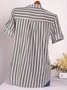 Casual 3/4 Sleeve Buttoned High Low V neck Stripes Linen Blouse