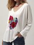 Women Floral Heart Print V-Neck Casual T-Shirts