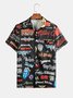 Mens Rock and Roll Punk Print Pocket Lapel Casual Loose Short Sleeve Shirt