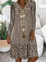 Brown Three Quarter V Neck Floral Shining Midi Smock Dress