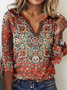 Women's  Red Geometric Printed Long Sleeve V Neck ethnic style t-shirt