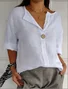 Women's Three Quarter Sleeve Blouse Spring/Fall Plain Buttoned Cotton V Neck Daily Going Out Casual Top