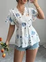 Women Plain Short Sleeve Tee T-shirt V Neck Embroidery Casual Summer Tunic Top