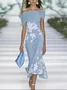 Women Floral Cap Sleeve Summer Printing Dress Cold Shoulder Daily Vintage Maxi H-Line Dress