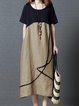 Shift Daily Short Sleeve Casual Color-block  Linen Dress