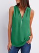 Women T-Shirt V neck Solid Short Sleeve Zipper - JustFashionNow.com