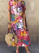 Vintage Floral Printed Crew Neck Short Sleeve Dress