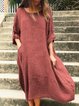 Plus Size Linen Solid Looses Women Midi Dresses