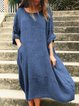 Plus Size Linen Solid Looses Women Midi Dresses