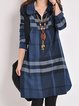 Blue A-line Women Cotton Casual  Checkered/Plaid Casual Dress