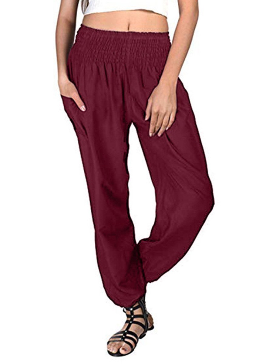 Women Pants Pockets Elastic Waist Solid Casual Pants