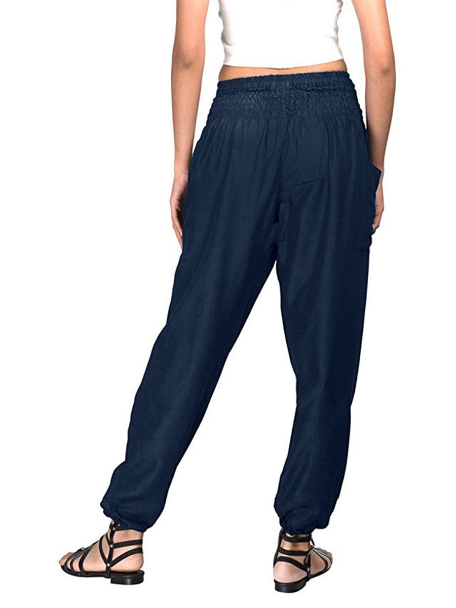 Women Pants Pockets Elastic Waist Solid Casual Pants - JustFashionNow.com