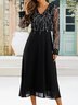 Women's Black Long Sleeve Print Sequins Winter Fall V Neck maxi formal Dress