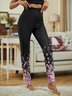JFN Women Elastic Waist Floral Print Black Leggings Pants