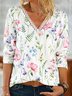 Lace V Neck Casual Floral Loose T-Shirt